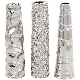Bayberry Lane Silver Ceramic  Vase with Varying Patterns, 3 Assorted 12"H, 3"W, , large