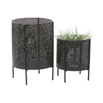 CosmoLiving by Cosmopolitan Indoor Outdoor Floral Cutout Planter with Removable Stand (Set of 2), Black, large