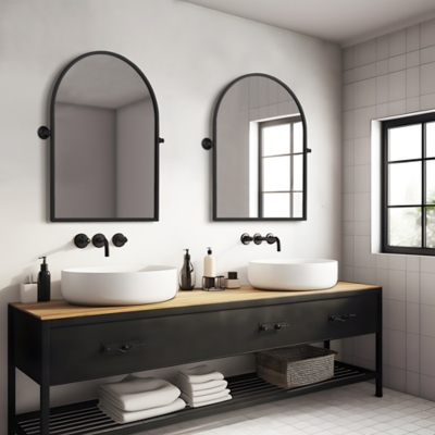 LuminareView Arched Framed Pivoted Bathroom Wall Vanity Mirror, Black, rollover