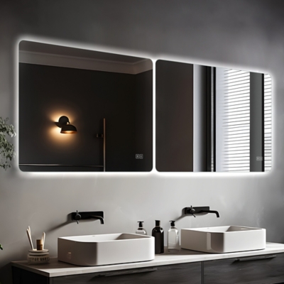 LuminareView Rectangular LED Lighted Anti-Fog Dimmable Bathroom Vanity Mirror, Silver