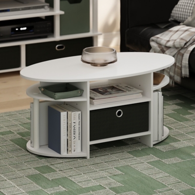 Furinno Jaya Oval Coffee Table with Bin, White