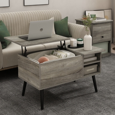 Furinno Jensen Lift Top Coffee Table With Legs, French Oak Gray