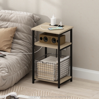 Furinno Moretti 3-Tier USB Port Tall Side Table, Bauhaus Oak, rollover