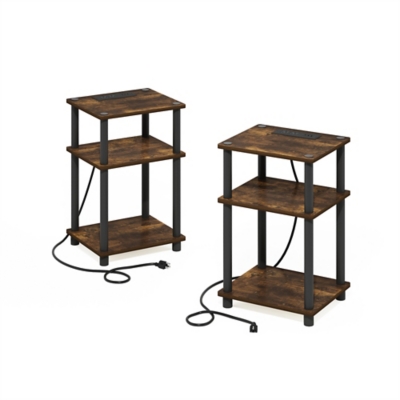 Furinno Just 3-Tier Turn-N-Tube with USB Port End Table (Set of 2), Amber Pine, large