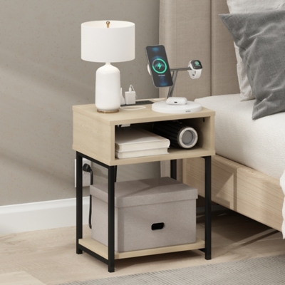 Furinno Moretti 3-Tier USB Port Short Side Table, Bauhaus Oak, rollover