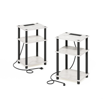 Furinno Just 3-Tier Turn-N-Tube with USB Port End Table (Set of 2), Marble White, large