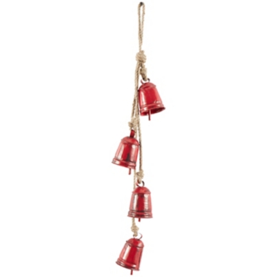 Bayberry Lane Tibetan 4  Cow Bells on Hanging Rope, Red, large