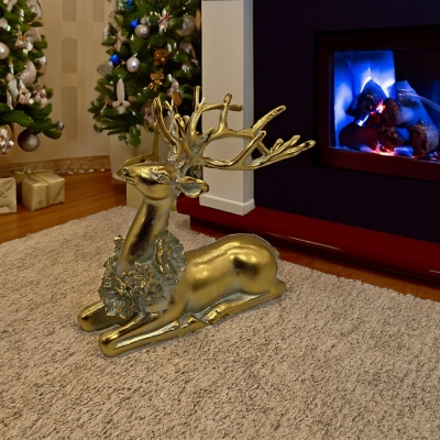 Galt International Reindeer Pointsetta Statue, Gold