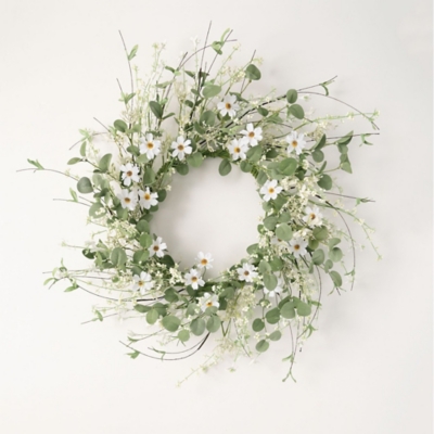 Sullivans Artificial 28 Daisy and Eucalyptus Wreath, Green