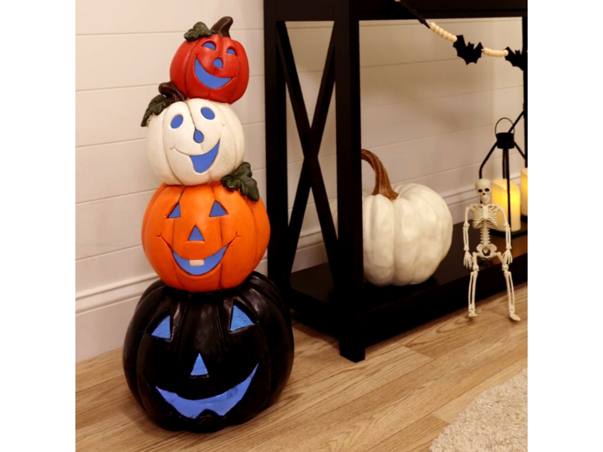 SET of top 2 BLACK & GOLD Halloween Jack O Lanterns on Pedestals 20” LED Finials