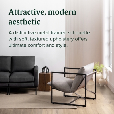 Sling accent chair in a stylish living room setting