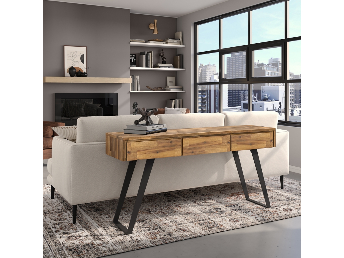 Simpli Home Lowry Console Sofa Table, Distressed Golden Wheat, large