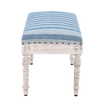 Front view of blue striped bench showing turned legs and nailhead trim