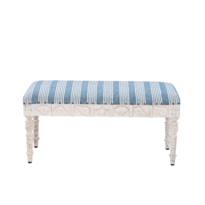 Side/front angle view of blue striped bench