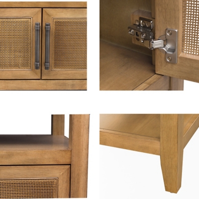 Close-up details of console table door hinges and metal hardware