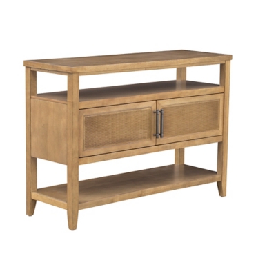 Side view of Naomi 2-door storage console table with woven door panels