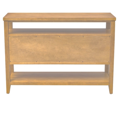 Small console cabinet with open shelf and woven panel front