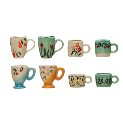 Storied Home Stoneware Espresso Cups with Painted Designs Set of 8, , large