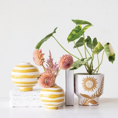 Storied Home Stoneware Footed Planter with Flower, , rollover