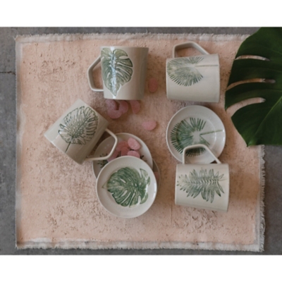 Storied Home Stoneware Mug with Debossed Leaf Set of 4, , rollover