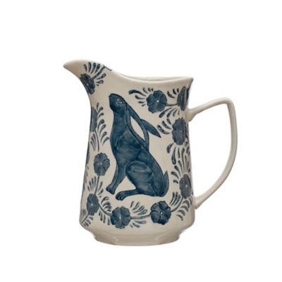 Storied Home Stoneware Pitcher with Painted Rabbit and Florals - Thumbnail 3