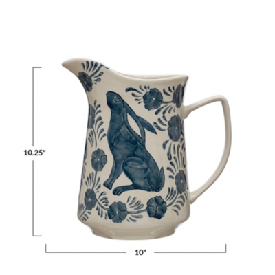 Storied Home Stoneware Pitcher with Painted Rabbit and Florals - Thumbnail 2