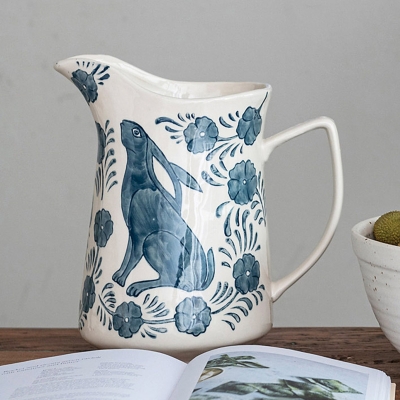Storied Home Stoneware Pitcher with Painted Rabbit and Florals