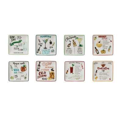 Storied Home Stoneware Plate Set with Cocktail Recipes Design Set of 8, , large
