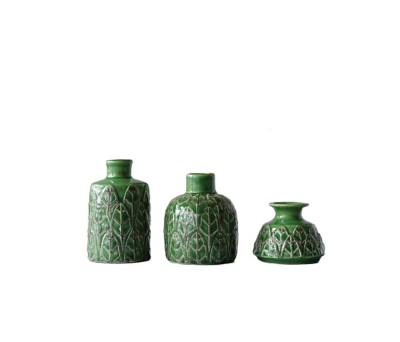 Storied Home Various Stoneware Planters with Leafy Patterns Set of 3, , large