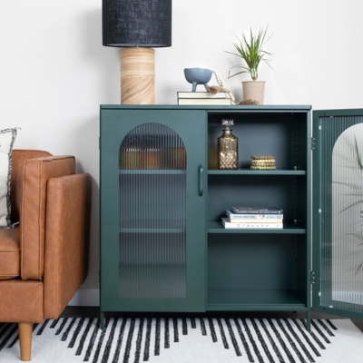 Storied Home Solstice 14" Accent Cabinet with 2 Shelves, Green, rollover