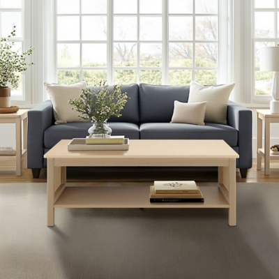 Living room scene with blue/gray sofa and matching light wood coffee table with two-tier shelf