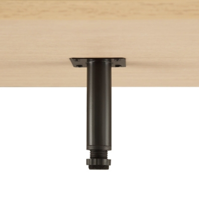 Close-up underside view showing adjustable leg support attached to the underside of the coffee table