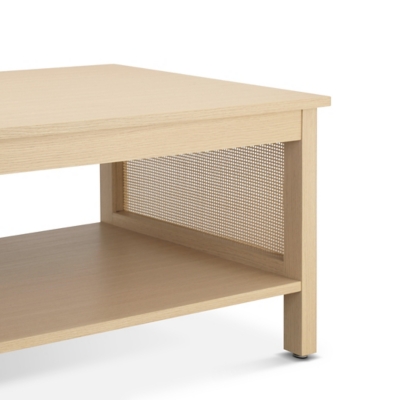 Side view of coffee table with bottom shelf and mesh panel on side
