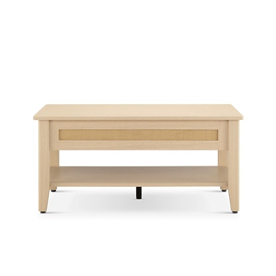 Wood coffee table with drawer and lower shelf, light finish, simple modern design