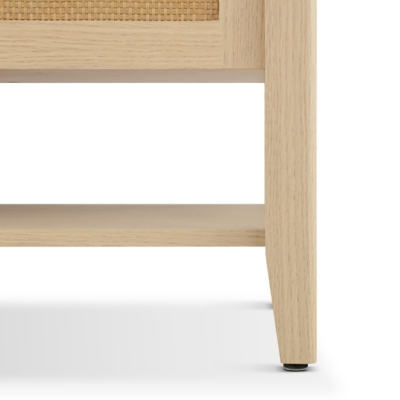 Close-up of table leg and lower shelf showing wood grain