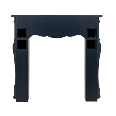 Side view of blue mantel with open back detailing