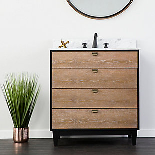 Add a touch of industrial style to your bath with this vanity sink set. Authentic gray and white marble contrasts with the two-tone finish for a highly contemporary look. Crafted with poplar wood and oak veneers, it truly elevates the art of bathroom fixtures. Brass-tone accents add to the appeal.Includes vanity and sink | Made of poplar wood, oak veneer, engineered wood and marble | Limed burnt oak and black finish | Gray and white marble vanity top and optional backsplash | White ceramic silicone-sealed undermount sink | 3 smooth-gliding drawers; faux drawer under sink; antiqued brass-tone accents | White ceramic undermount sink | Pre-drilled holes for 8" wideset faucet | Open back for plumbing | Faucet and plumbing not included | Assembly required | Assembly time frame is 60 min. or more | Ships in 2 boxes