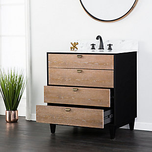 Add a touch of industrial style to your bath with this vanity sink set. Authentic gray and white marble contrasts with the two-tone finish for a highly contemporary look. Crafted with poplar wood and oak veneers, it truly elevates the art of bathroom fixtures. Brass-tone accents add to the appeal.Includes vanity and sink | Made of poplar wood, oak veneer, engineered wood and marble | Limed burnt oak and black finish | Gray and white marble vanity top and optional backsplash | White ceramic silicone-sealed undermount sink | 3 smooth-gliding drawers; faux drawer under sink; antiqued brass-tone accents | White ceramic undermount sink | Pre-drilled holes for 8" wideset faucet | Open back for plumbing | Faucet and plumbing not included | Assembly required | Assembly time frame is 60 min. or more | Ships in 2 boxes