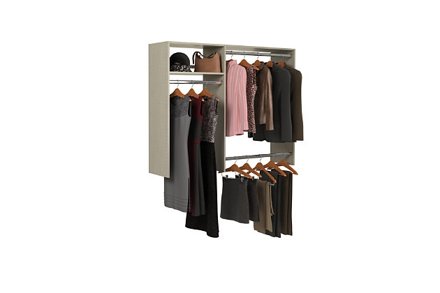 Get organized with the easy to install hanging closet kit. This kit includes everything needed to complete your closet and has almost 7-ft of shelf space and 8-ft of hanging space. This closet system can be cut to fit your desired width and hangs on a single wall mounted steel rail for an easy installation. Each kit can be installed on its own or combined with other closet kits and comes with all of the required installation hardware. For any questions regarding this product, please contact customers@thestowcompany.com or 1-800-562-4257 Monday through Friday 8:00AM to 5:00PM (EST)Ships in 1 box | Kit mounts to the wall with included hardware so there is no need to remove baseboards | This kit can be cut to fit to your desired width for a precise fit | Can be installed by itself or with any  of the other available closet kits | Made from durable scratch and moisture resistant laminant board