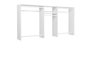 Get organized with the easy to install basic hanging closet kit. This kit includes everything needed to complete your closet and has almost 10-ft of shelf space and 14-ft of hanging space. This closet system can be cut to fit your desired width and hangs on a wall mounted steel rail for an easy installation.  Each kit can be installed on its own or combined with other closet kits and comes with all of the required installation hardware. For any questions regarding this product, please contact customers@thestowcompany.com or 1-800-562-4257 Monday through Friday 8:00AM to 5:00PM (EST)Ships in 2 boxes | Kit mounts to the wall with included hardware so there is no need to remove baseboards | This kit can be cut to fit to your desired width for a precise fit | Can be installed by itself or with any  of the other available closet kits | Made from durable scratch and moisture resistant laminant board