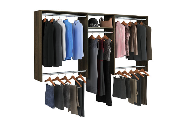 Get organized with the easy to install basic hanging closet kit. This kit includes everything needed to complete your closet and has almost 10-ft of shelf space and 14-ft of hanging space. This closet system can be cut to fit your desired width and hangs on a wall mounted steel rail for an easy installation.  Each kit can be installed on its own or combined with other closet kits and comes with all of the required installation hardware. For any questions regarding this product, please contact customers@thestowcompany.com or 1-800-562-4257 Monday through Friday 8:00AM to 5:00PM (EST)Ships in 2 boxes | Kit mounts to the wall with included hardware so there is no need to remove baseboards | This kit can be cut to fit to your desired width for a precise fit | Can be installed by itself or with any  of the other available closet kits | Made from durable scratch and moisture resistant laminant board