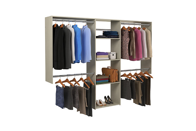 Get organized with the easy to install deluxe shelving closet kit. This kit includes everything needed to complete your closet and has almost 16-ft of shelf space and 12-ft of hanging space.  This closet system can be cut to fit your desired width and hangs on a wall mounted steel rail for an easy installation.  Each kit can be installed on its own or combined with other closet kits and comes with all of the required installation hardware. For any questions regarding this product, please contact customers@thestowcompany.com or 1-800-562-4257 Monday through Friday 8:00AM to 5:00PM (EST)Ships in 2 boxes | Kit mounts to the wall with included hardware so there is no need to remove baseboards | This kit can be cut to fit to your desired width for a precise fit | Can be installed by itself or with any  of the other available closet kits | Made from durable scratch and moisture resistant laminant board