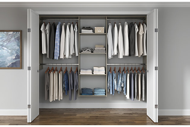 Get organized with the easy to install deluxe shelving closet kit. This kit includes everything needed to complete your closet and has almost 16-ft of shelf space and 12-ft of hanging space.  This closet system can be cut to fit your desired width and hangs on a wall mounted steel rail for an easy installation.  Each kit can be installed on its own or combined with other closet kits and comes with all of the required installation hardware. For any questions regarding this product, please contact customers@thestowcompany.com or 1-800-562-4257 Monday through Friday 8:00AM to 5:00PM (EST)Ships in 2 boxes | Kit mounts to the wall with included hardware so there is no need to remove baseboards | This kit can be cut to fit to your desired width for a precise fit | Can be installed by itself or with any  of the other available closet kits | Made from durable scratch and moisture resistant laminant board