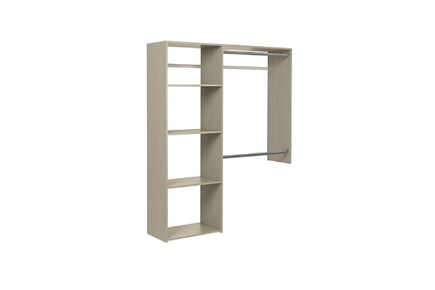 Get organized with the easy to install shelving closet kit. This kit includes everything needed to complete your closet and has almost 13-ft of shelf space and 6-ft of hanging space.  This closet system can be cut to fit your desired width and hangs on a wall mounted steel rail for an easy installation.  Each kit can be installed on its own or combined with other closet kits and comes with all of the required installation hardware. For any questions regarding this product, please contact customers@thestowcompany.com or 1-800-562-4257 Monday through Friday 8:00AM to 5:00PM (EST)Ships in 2 boxes | Kit mounts to the wall with included hardware so there is no need to remove baseboards | This kit can be cut to fit to your desired width for a precise fit | Can be installed by itself or with any  of the other available closet kits | Made from durable scratch and moisture resistant laminant board