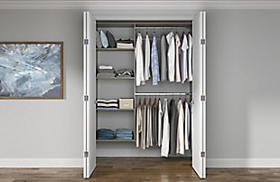 Get organized with the easy to install shelving closet kit. This kit includes everything needed to complete your closet and has almost 13-ft of shelf space and 6-ft of hanging space.  This closet system can be cut to fit your desired width and hangs on a wall mounted steel rail for an easy installation.  Each kit can be installed on its own or combined with other closet kits and comes with all of the required installation hardware. For any questions regarding this product, please contact customers@thestowcompany.com or 1-800-562-4257 Monday through Friday 8:00AM to 5:00PM (EST)Ships in 2 boxes | Kit mounts to the wall with included hardware so there is no need to remove baseboards | This kit can be cut to fit to your desired width for a precise fit | Can be installed by itself or with any  of the other available closet kits | Made from durable scratch and moisture resistant laminant board