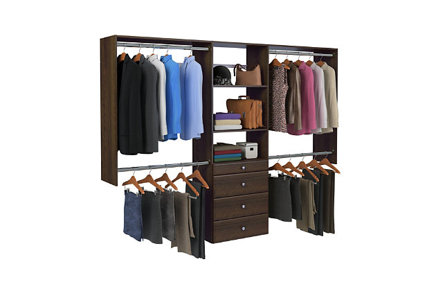 Get organized with the easy to install premier closet kit, the most complete closet kit available. This kit includes one 4-in high and three 8-in high drawers as well as almost 14-ft of shelf space and 12-ft of hanging space.  This closet system can be cut to fit your desired width and hangs on a wall mounted steel rail for an easy installation.  Each kit can be installed on its own or combined with other closet kits and comes with all of the required installation hardware. For any questions regarding this product, please contact customers@thestowcompany.com or 1-800-562-4257 Monday through Friday 8:00AM to 5:00PM (EST)Ships in 4 boxes | Kit mounts to the wall with included hardware so there is no need to remove baseboards | This kit can be cut to fit to your desired width for a precise fit | Kit comes with full extension ball bearing drawer glides | Made from durable scratch and moisture resistant laminant board