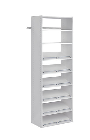 Get organized with the easy to install essential shoe tower kit. With a combination of slanted and straight shelves, keeping footwear in order is no longer a problem. This storage tower is perfect for a bedroom closet, entryway, mudroom or even the garage.  This closet tower hangs on a wall mounted steel rail for an easy installation.  Each kit can be installed on its own or combined with other closet kits and comes with all of the required installation hardware. For any questions regarding this product, please contact customers@thestowcompany.com or 1-800-562-4257 Monday through Friday 8:00AM to 5:00PM (EST)Ships in 2 boxes | Kit mounts to the wall with included hardware so there is no need to remove baseboards | Includes six 14 in. D slanted shoe shelves and three 14 in. D straight shelves: 2 shelves are adjustable | Can be installed by itself or with any  of the other available closet kits | Made from durable scratch and moisture resistant laminant board