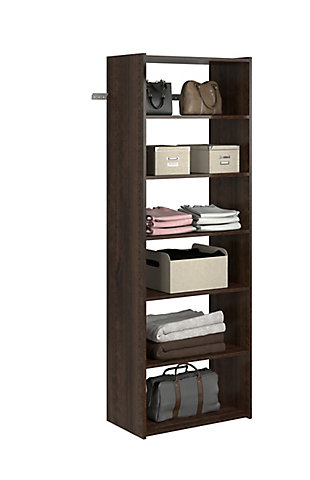 Get organized with the easy to install essentials shelf tower kit. This 72 In. tower includes seven shelves, providing 14 Ft. of open shelf space. Need a product for any room? Add this shelving tower to a bedroom closet, entryway, laundry room, office, or even the garage.  This closet tower can be cut to fit your desired width and hangs on a wall mounted steel rail for an easy installation.  Each kit can be installed on its own or combined with other closet kits and comes with all of the required installation hardware. For any questions regarding this product, please contact customers@thestowcompany.com or 1-800-562-4257 Monday through Friday 8:00AM to 5:00PM (EST)Ships in 2 boxes | Kit mounts to the wall with included hardware so there is no need to remove baseboards | Includes a total of 7 straight shelves with 4 of those shelves being adjustable | Can be installed by itself or with any  of the other available closet kits | Made from durable scratch and moisture resistant laminant board