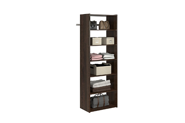 Get organized with the easy to install essentials shelf tower kit. This 72 In. tower includes seven shelves, providing 14 Ft. of open shelf space. Need a product for any room? Add this shelving tower to a bedroom closet, entryway, laundry room, office, or even the garage.  This closet tower can be cut to fit your desired width and hangs on a wall mounted steel rail for an easy installation.  Each kit can be installed on its own or combined with other closet kits and comes with all of the required installation hardware. For any questions regarding this product, please contact customers@thestowcompany.com or 1-800-562-4257 Monday through Friday 8:00AM to 5:00PM (EST)Ships in 2 boxes | Kit mounts to the wall with included hardware so there is no need to remove baseboards | Includes a total of 7 straight shelves with 4 of those shelves being adjustable | Can be installed by itself or with any  of the other available closet kits | Made from durable scratch and moisture resistant laminant board