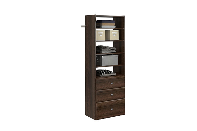 Get organized with the easy to install premier tower closet kit. The kit comes with three 8 in. high drawers with included knobs and full extension ball bearing glides.  The tower also has 12 Ft. of open shelf space, providing plenty of room to store folded clothing, linens, shoes, hats or other items.  This closet tower hangs on a wall mounted steel rail for an easy installation.  Each kit can be installed on its own or combined with other closet kits and comes with all of the required installation hardware. For any questions regarding this product, please contact customers@thestowcompany.com or 1-800-562-4257 Monday through Friday 8:00AM to 5:00PM (EST)Ships in 4 boxes | Kit mounts to the wall with included hardware so there is no need to remove baseboards | Includes three 8 in. H x 24 in. W drawers with full extension, ball-bearing glides | Can be installed by itself or with any  of the other available closet kits | Made from durable scratch and moisture resistant laminant board